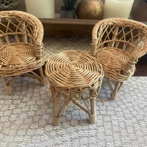 Vintage mini rattan chair and table set for dolls 3 piece set